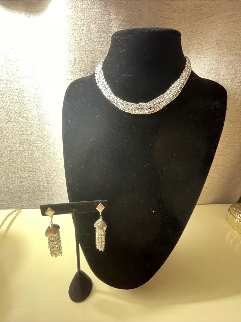 Sarah Coventry Silver-Tone Braided Crystal Choker with Tassel Earrings